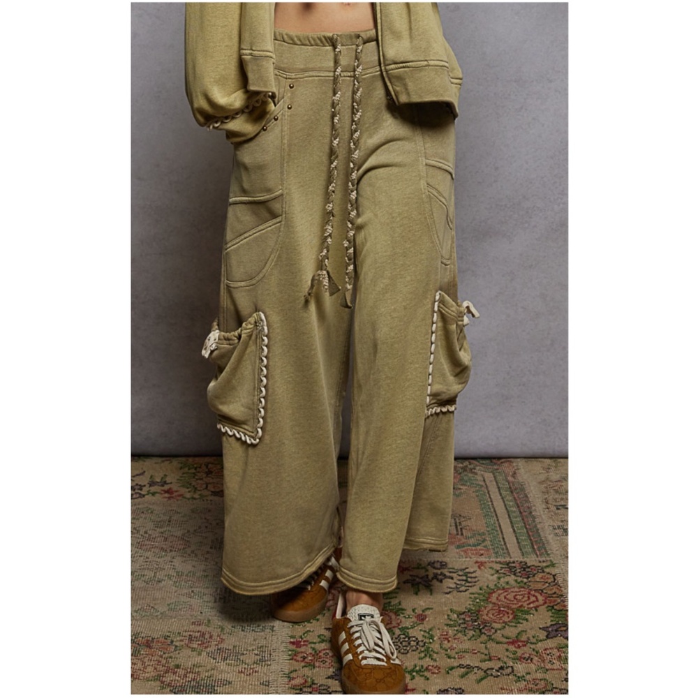 POL Olive Green Wide-Leg Cargo Pants with Rope Trim